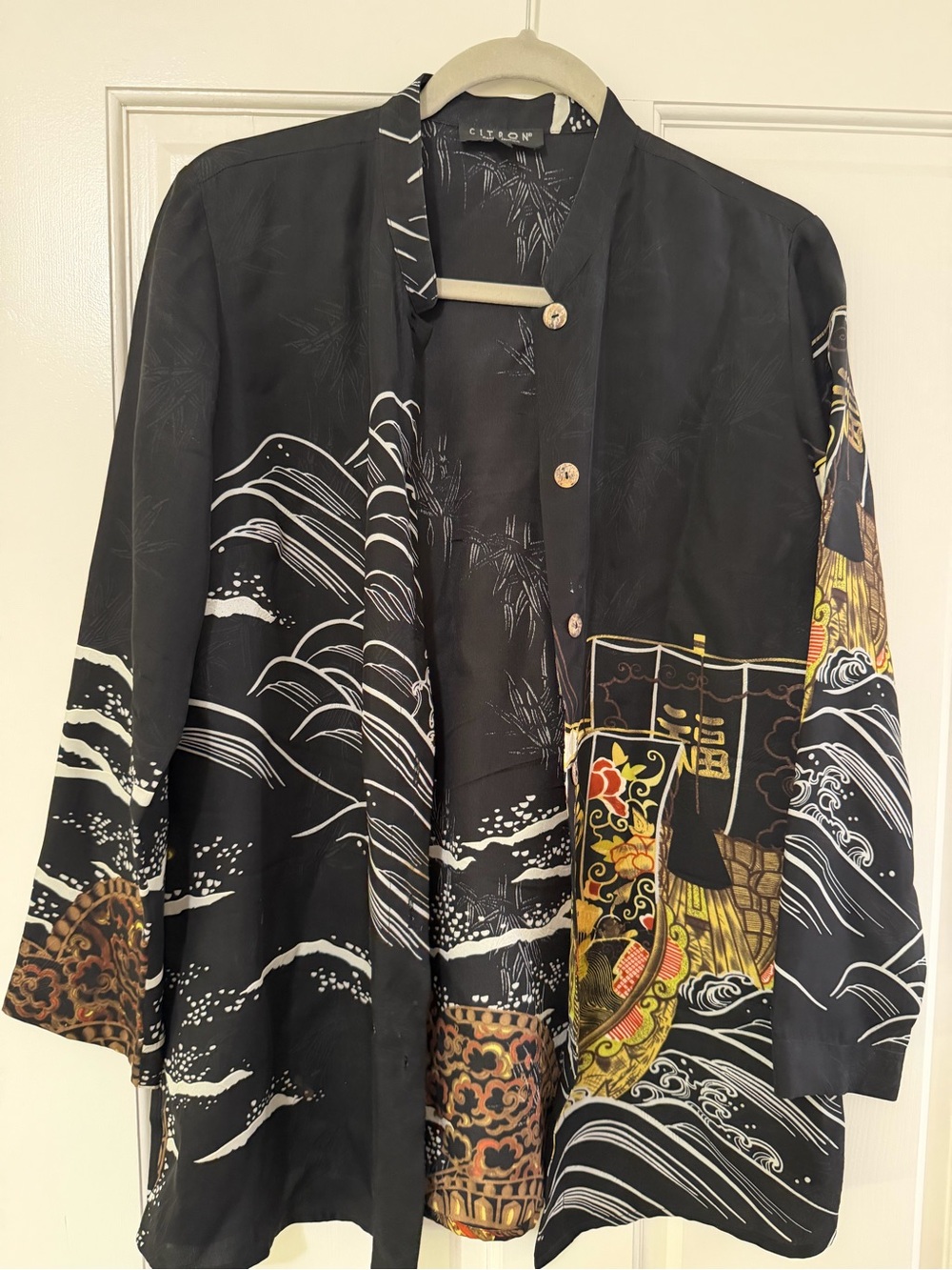 Citron Black Printed Kimono-Style button down with Gold Accents